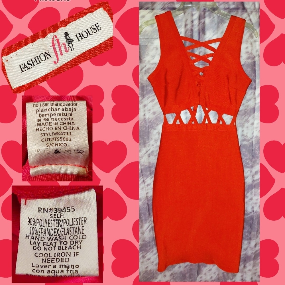 Fashion House brand Red V-Neck w/Cutouts Bodycon Soft Knit Dress Sz Small